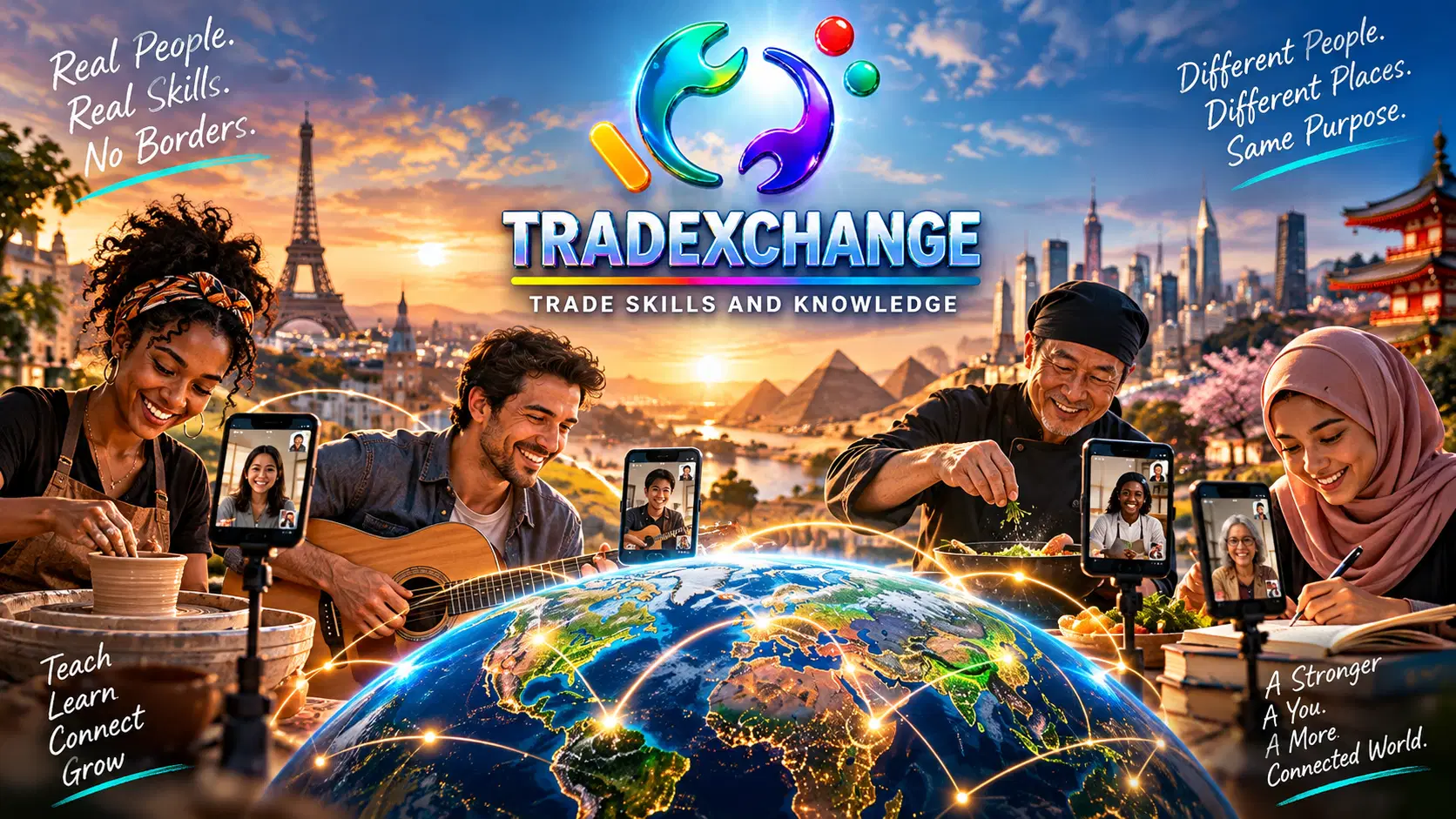Colourful TradeXchange logo and wordmark with people sharing skills on phones around a connected globe.